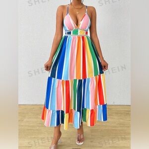 SHEIN Slayr Colorful Stripe Printed Ruffle Hem Backless Cami Dress Summer size 6